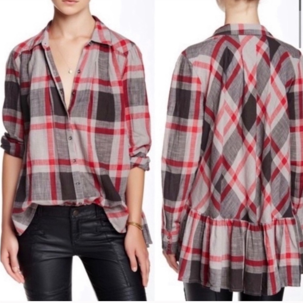 Free People Preppy In Plaid Button Down Peplum Hi Low Blouse Size Small